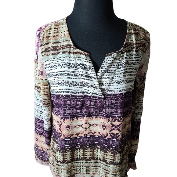 Milano top blouse long sleeve snake print color purple , beige sz M - Picture 4 of 8